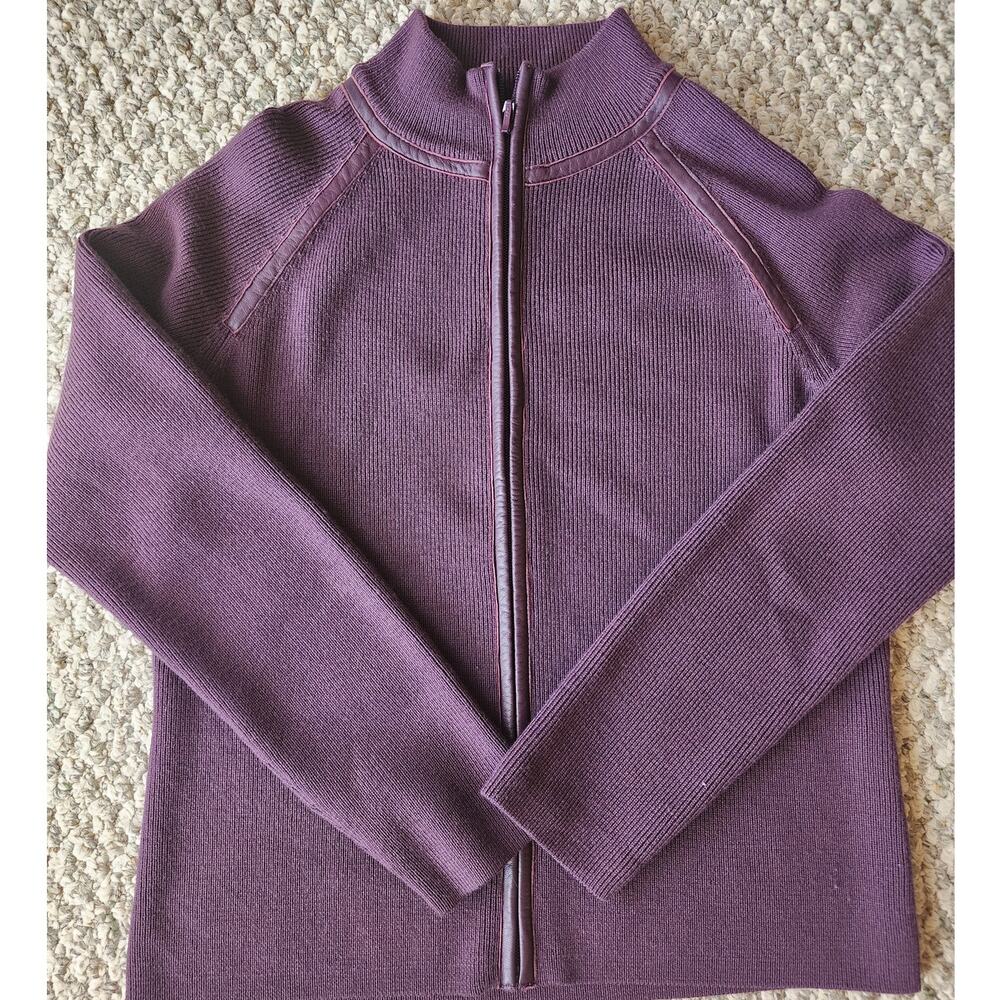 Pendleton Merino Wool Leather Trim Full Zip Mock Neck Sweater Sz Medium‎